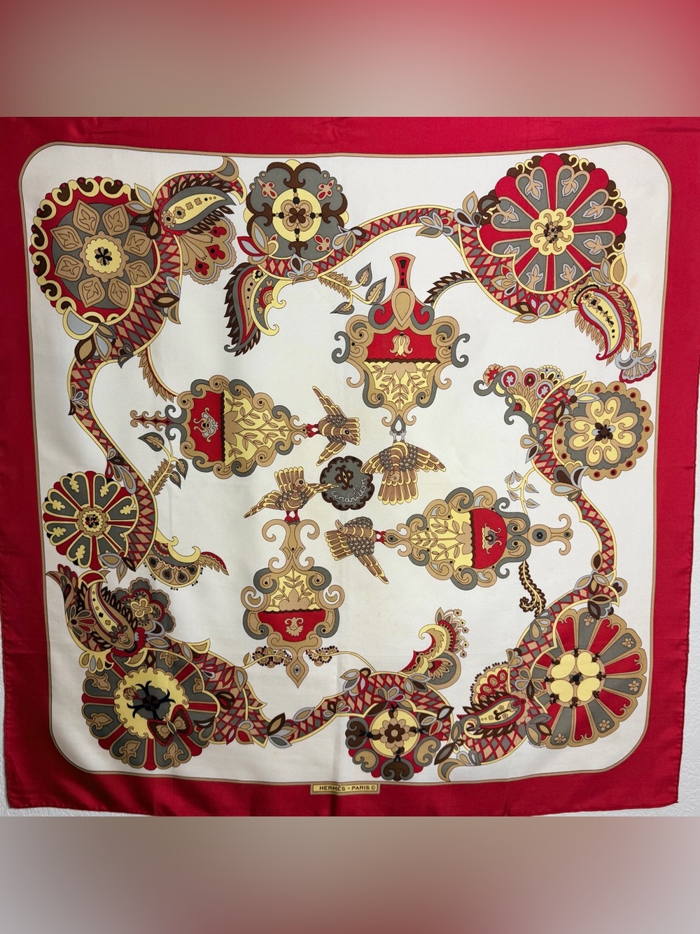 Hermes 100% Silk Scarf with Red and Gold Baroque Print